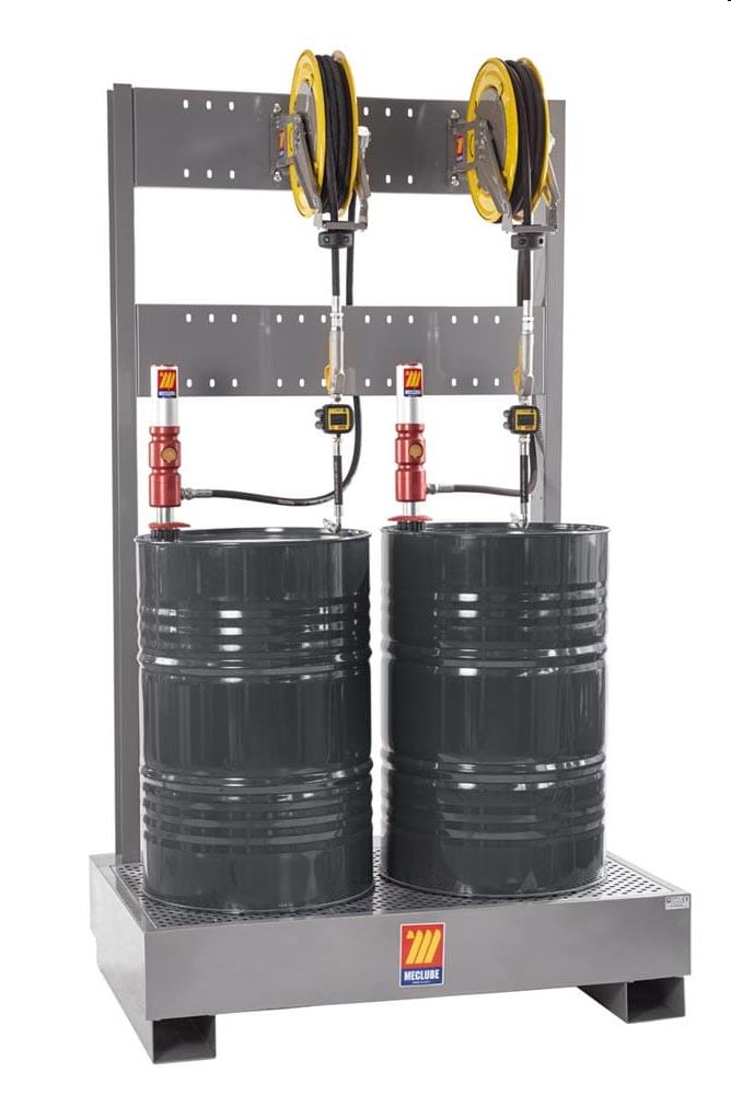 2 x Pneumatische olie set 5:1, 180-220 ltr., incl. Haspel 10 mtr., digitale afgifte meter en Lekbak