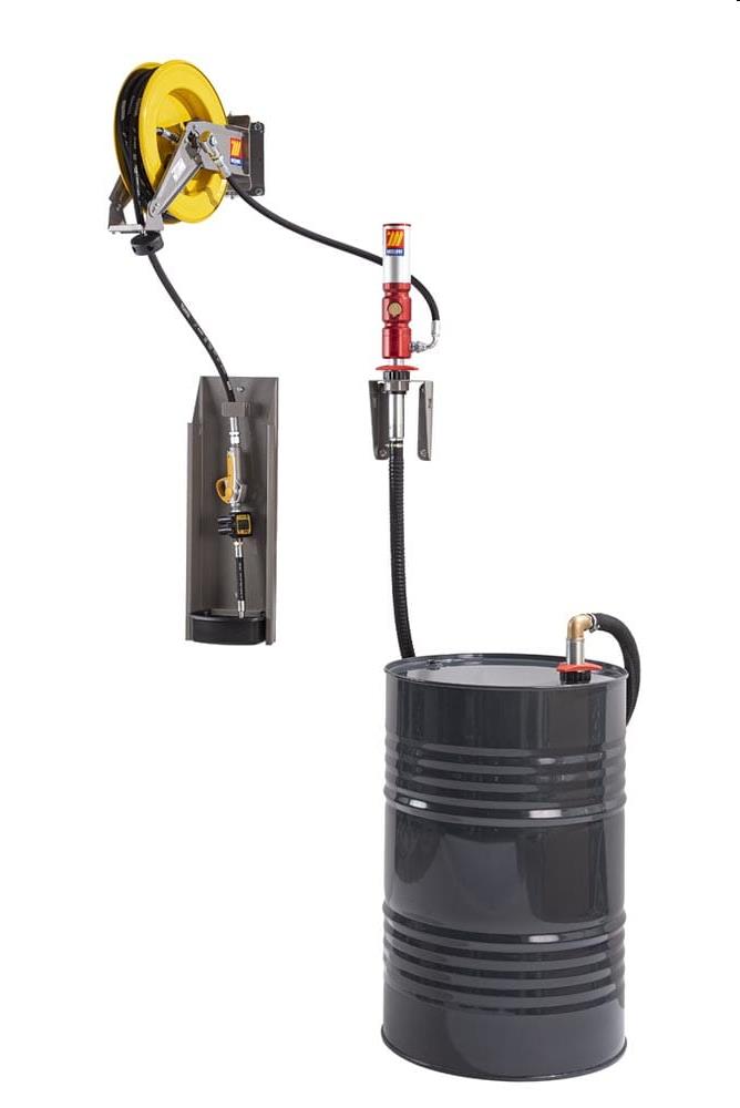 Pneumatische wandmontage olie set 5:1, 180-220 ltr., incl. Haspel 10 mtr., digitale afgifte meter